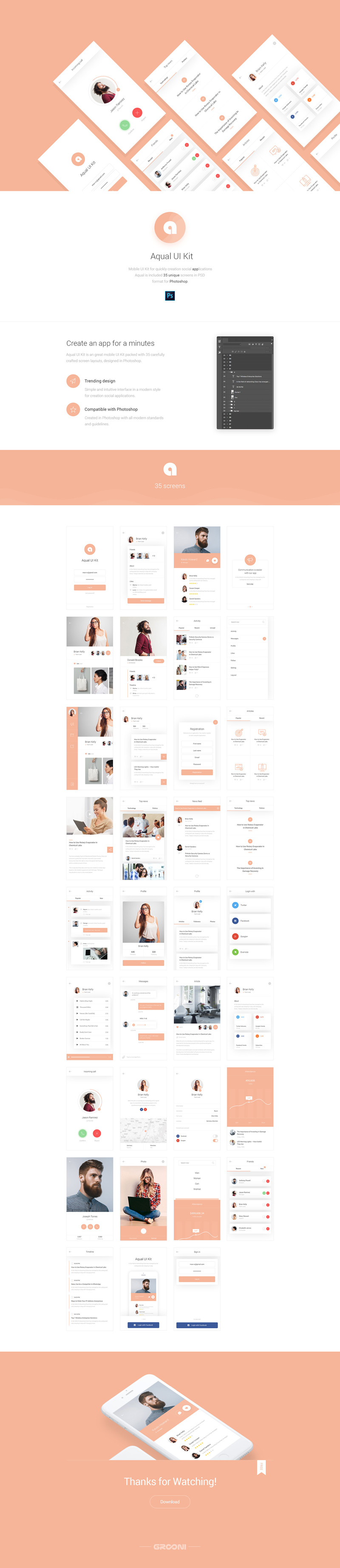 Aqual Mobile UI Kit for Social Networking Apps by Grooni