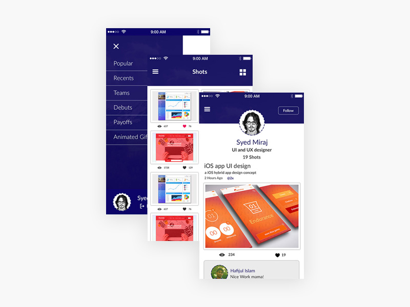 Dribbble App UI : Free PSD
