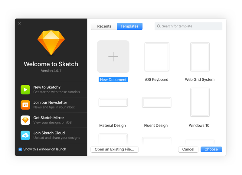 Sketch Welcome Screen: Template Search Feature