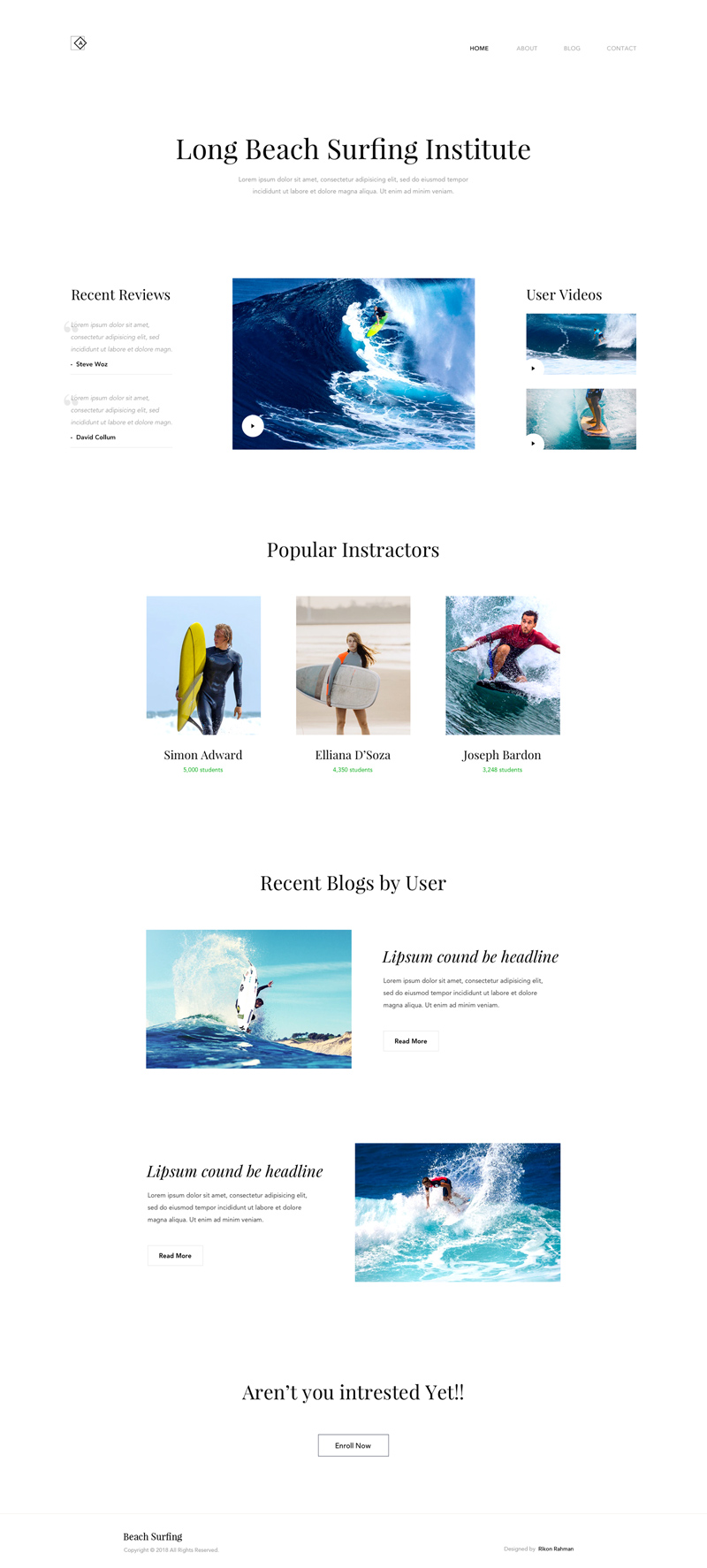 Surfing Institute Landing Page Template Design - PSD Freebie