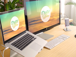Bamboo Desk Apple Screens Mockup : Free PSD